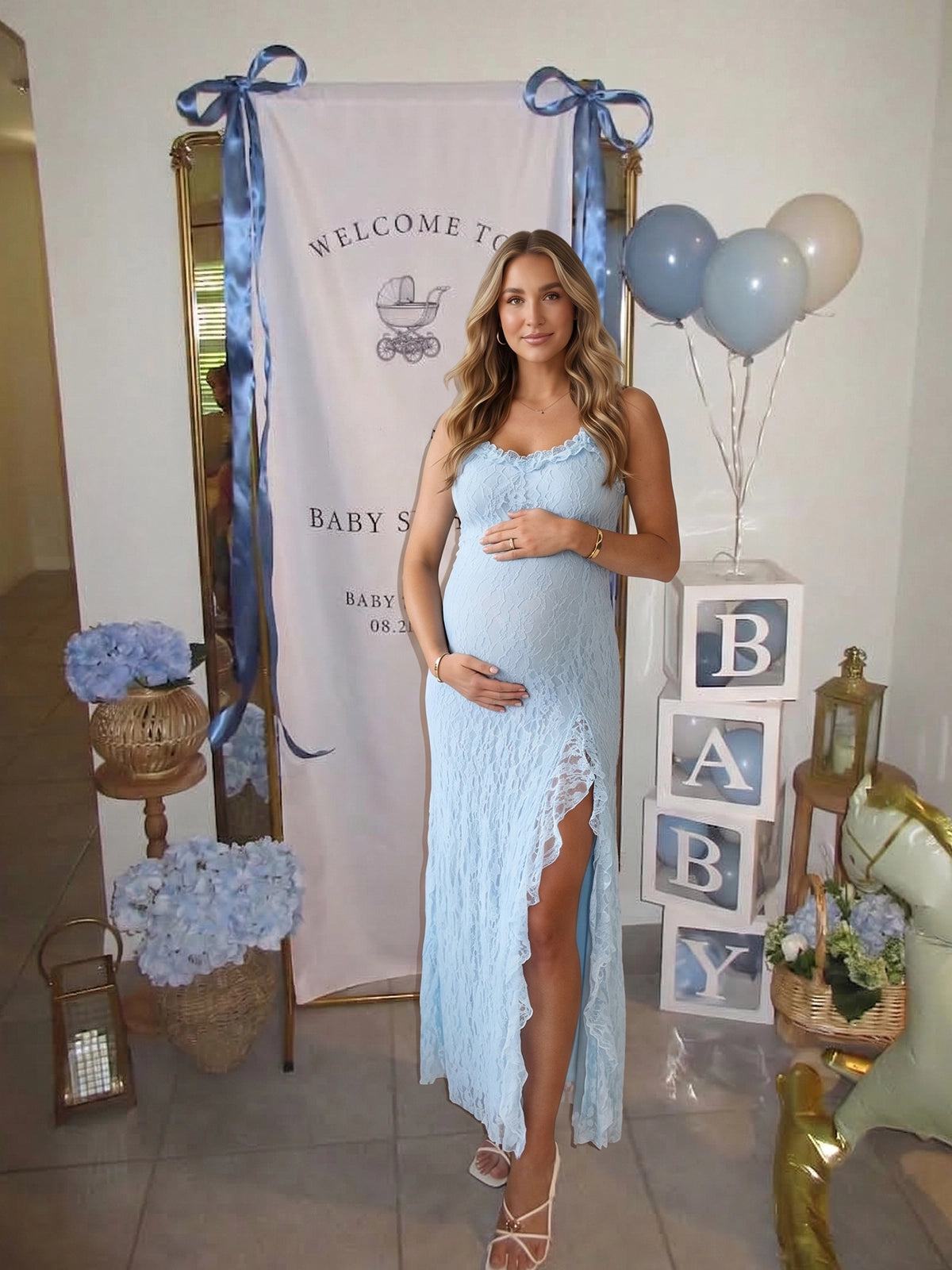 Baby Blue Lace Open Back High Slit Maternity Maxi Dress