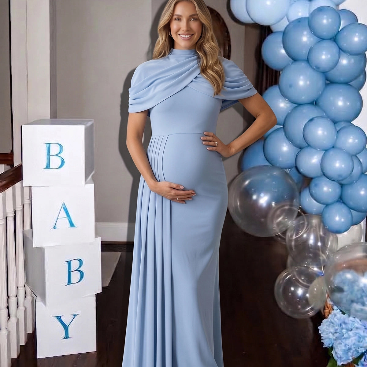 Baby Blue Mock Neck Maternity Maxi Gown with Draped Capelet