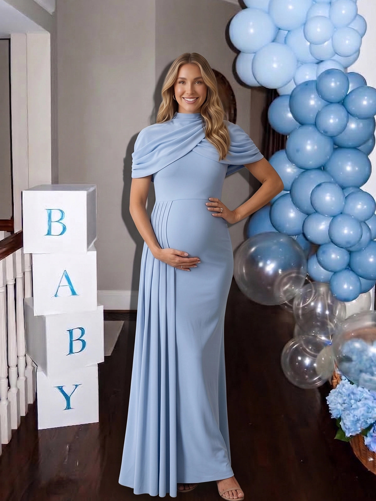 Baby Blue Mock Neck Maternity Maxi Gown with Draped Capelet