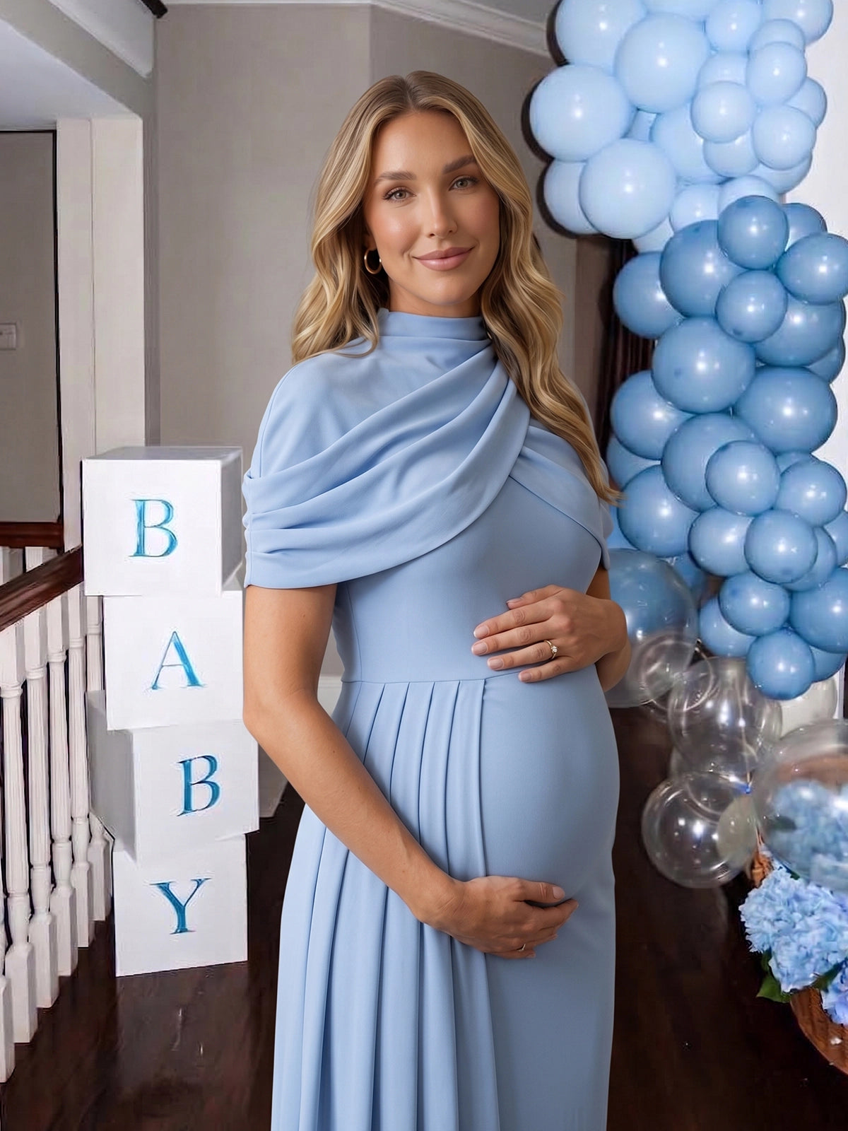 Baby Blue Mock Neck Maternity Maxi Gown with Draped Capelet