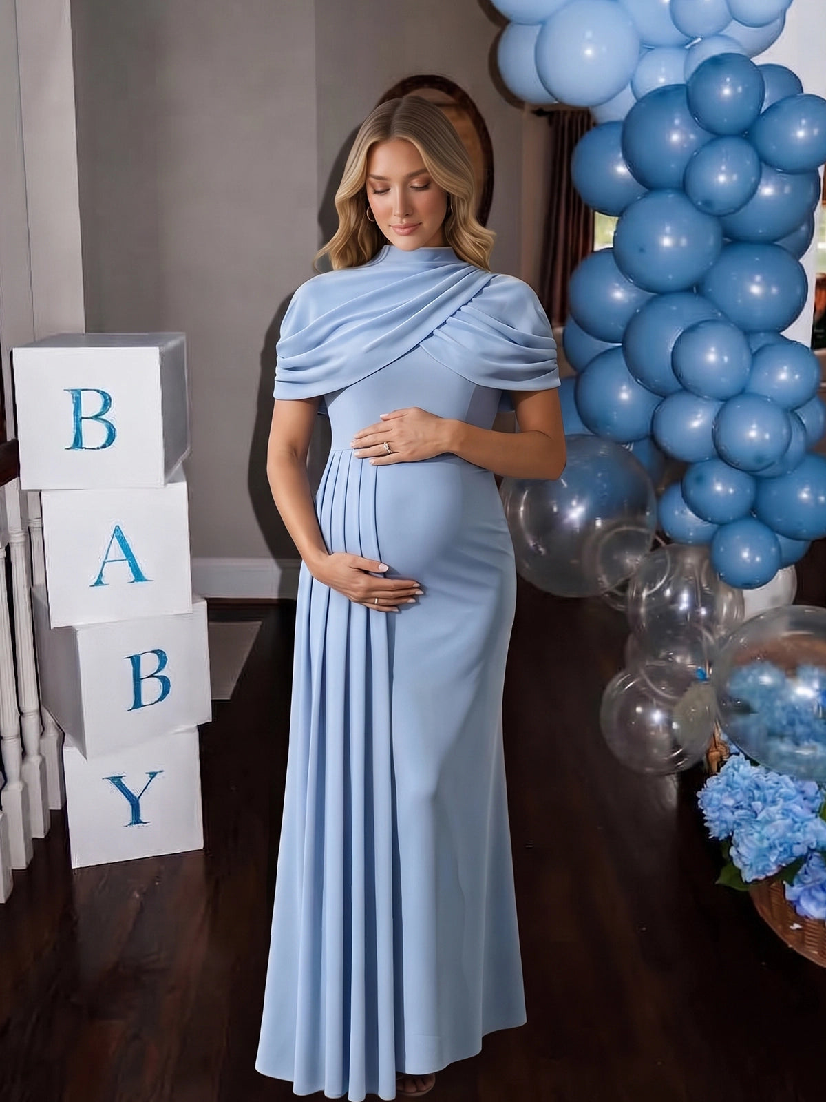 Baby Blue Mock Neck Maternity Maxi Gown with Draped Capelet