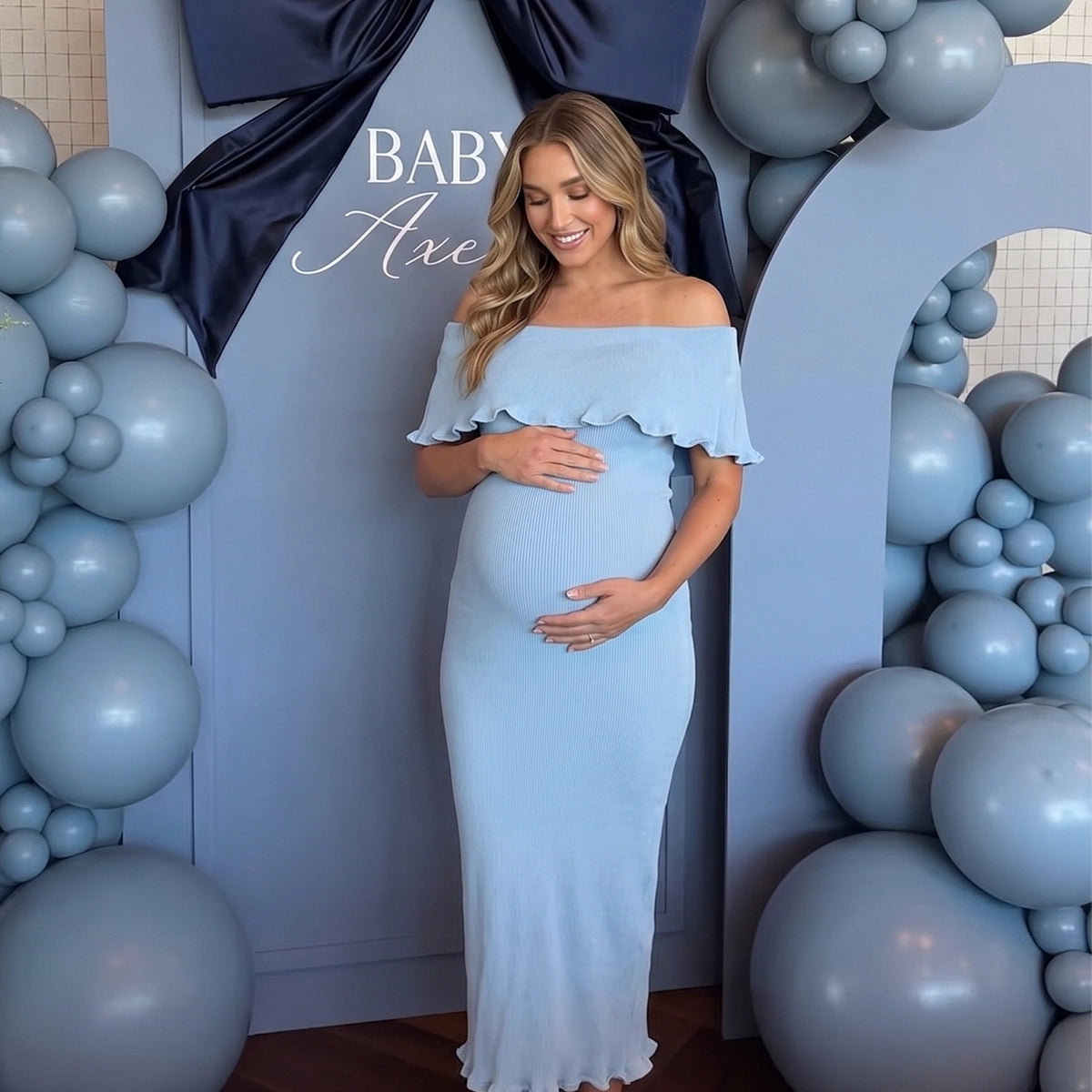 Baby Blue Off Shoulder Knit Maternity Midi Dress with Ruffle Trim
