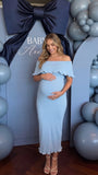 Baby Blue Off Shoulder Knit Maternity Midi Dress with Ruffle Trim