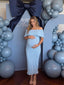 Baby Blue Off Shoulder Knit Maternity Midi Dress with Ruffle Trim