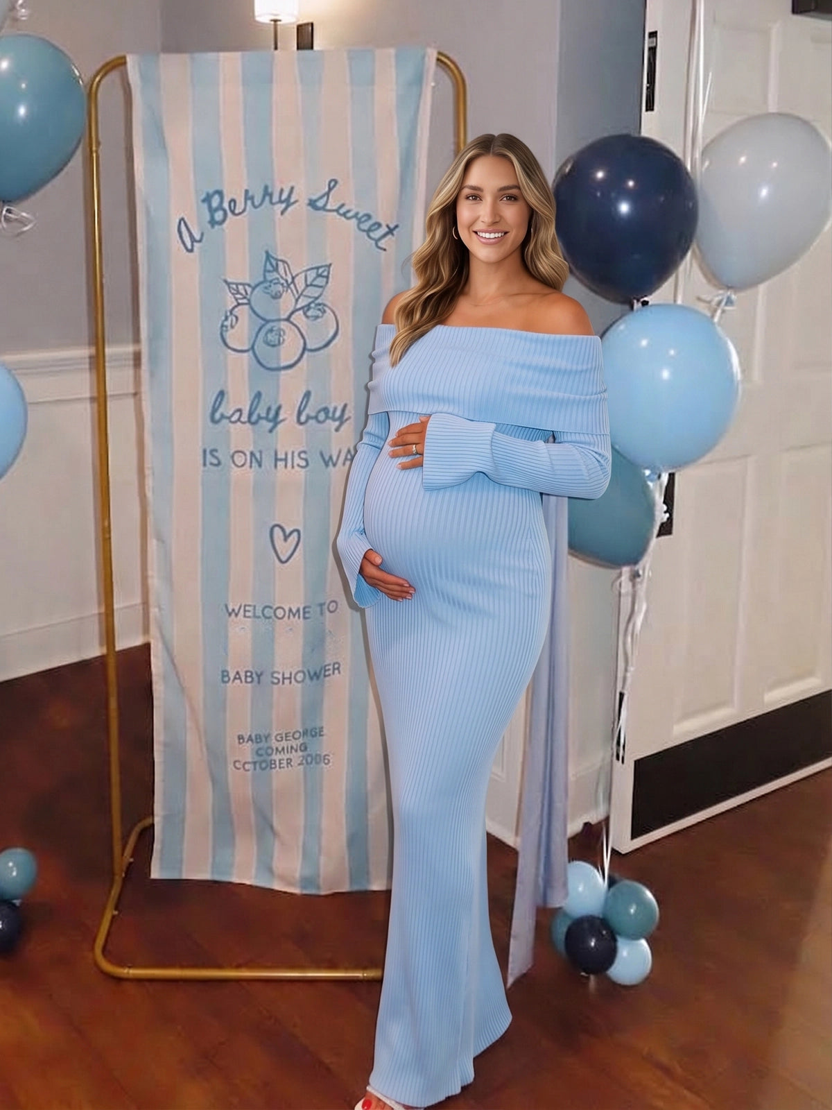 Baby Blue Off Shoulder Knit Ruched Maternity Maxi Dress