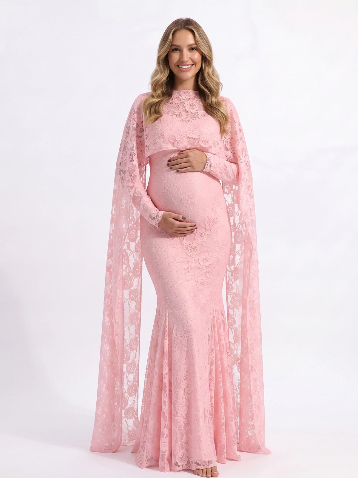Baby Pink Floral Lace Maternity Maxi Dress with Cape
