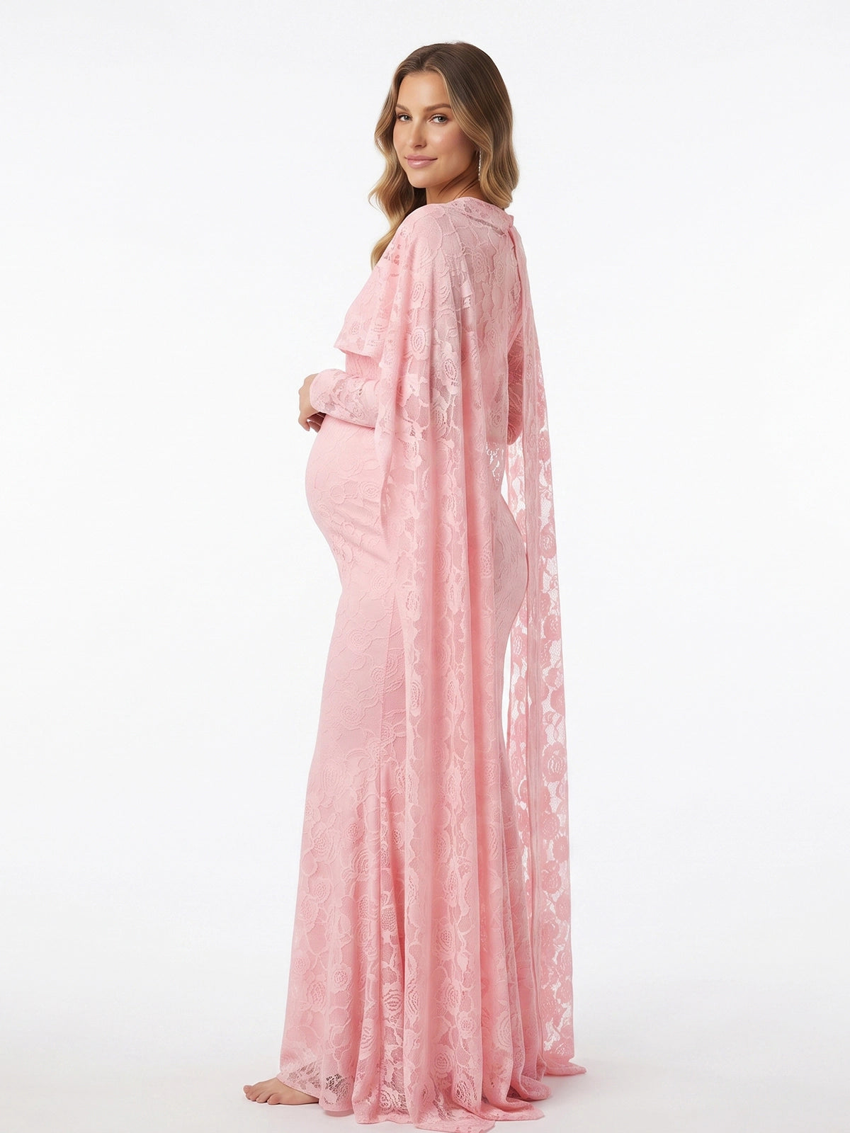 Baby Pink Floral Lace Maternity Maxi Dress with Cape