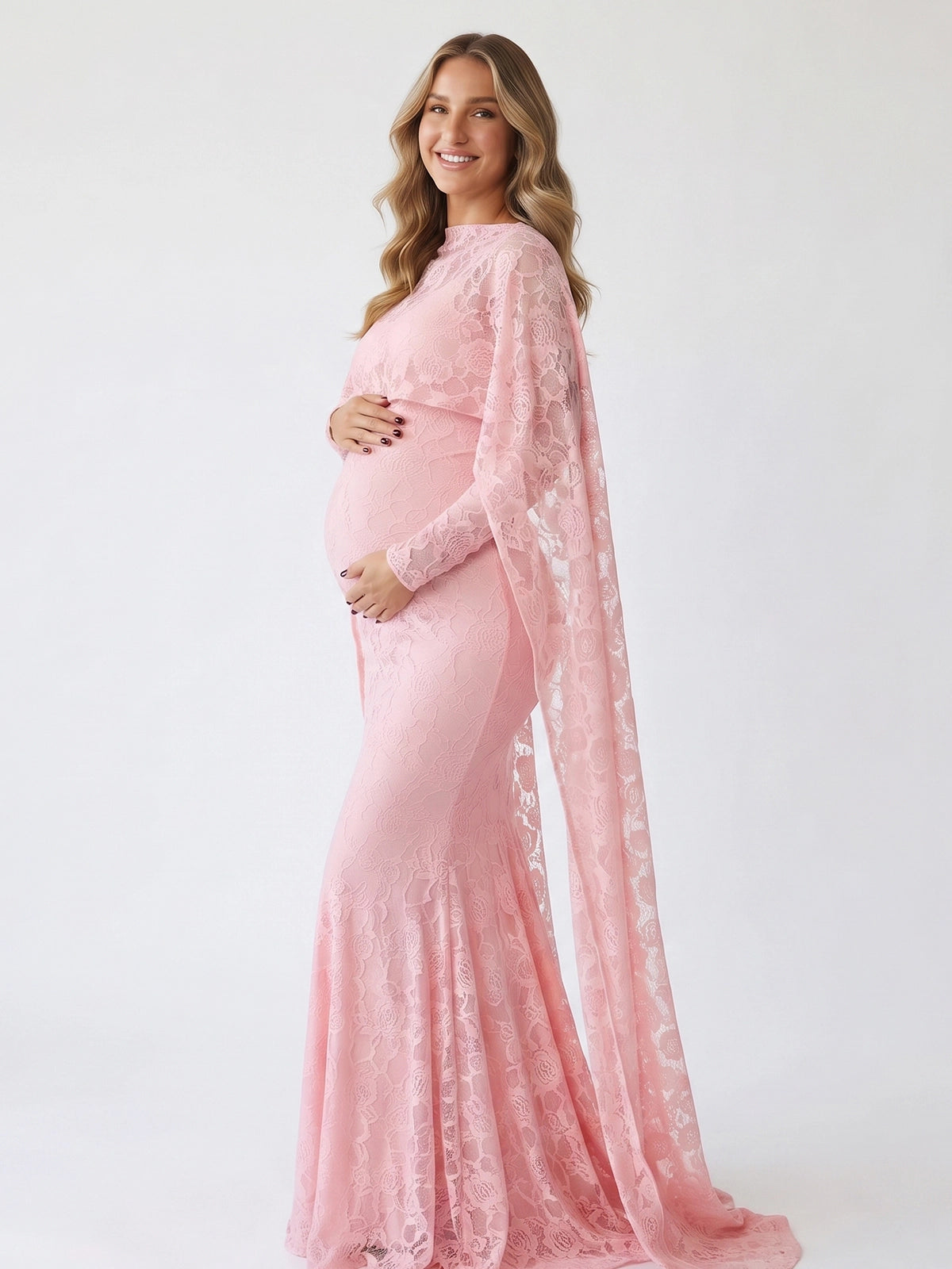 Baby Pink Floral Lace Maternity Maxi Dress with Cape