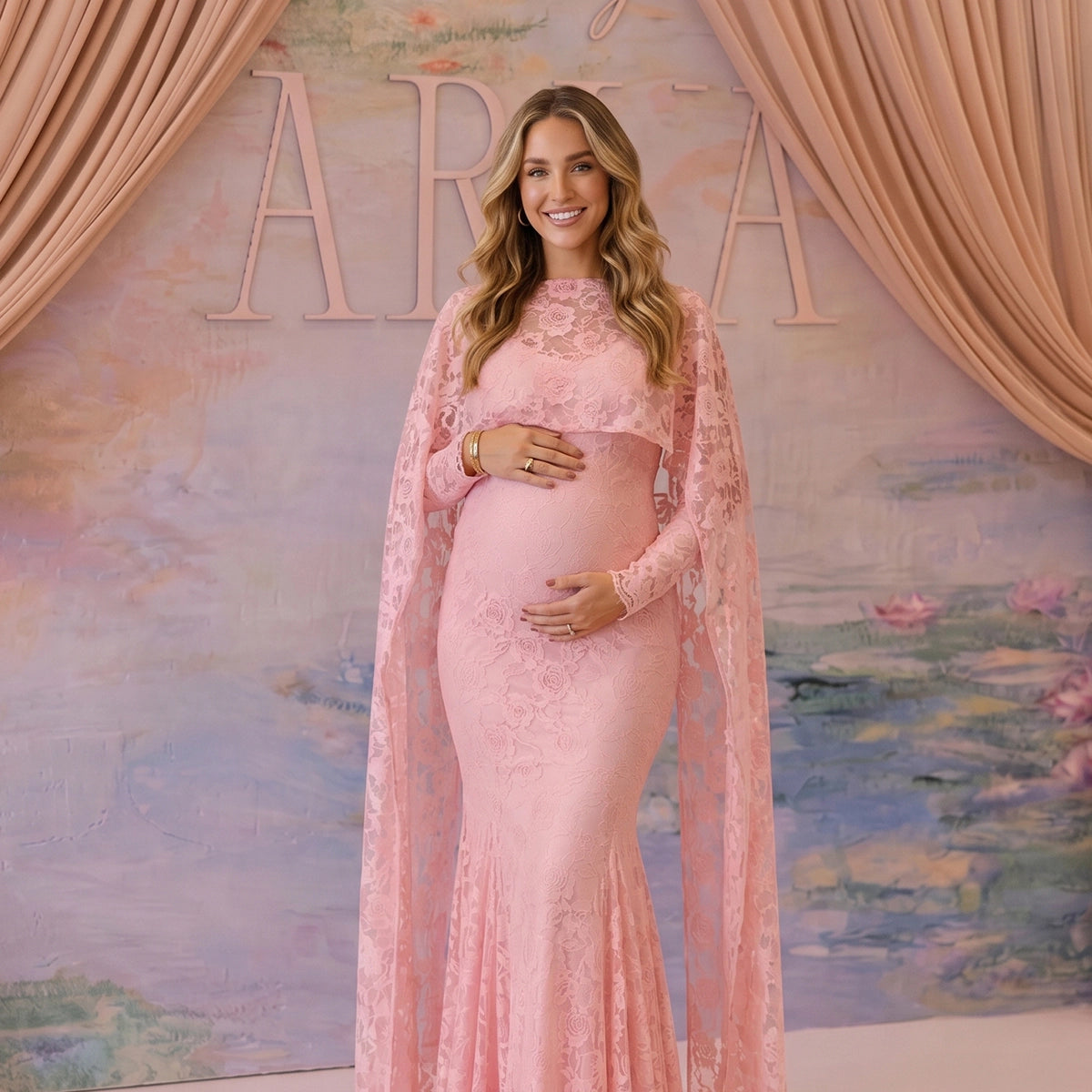 Baby Pink Floral Lace Maternity Maxi Dress with Cape
