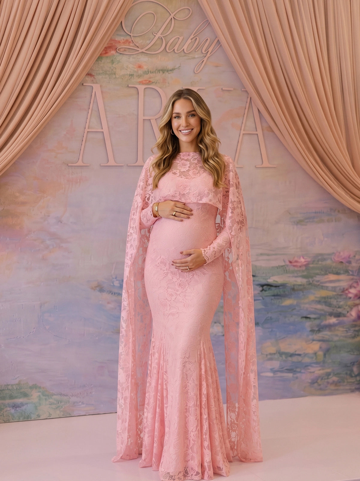 Baby Pink Floral Lace Maternity Maxi Dress with Cape