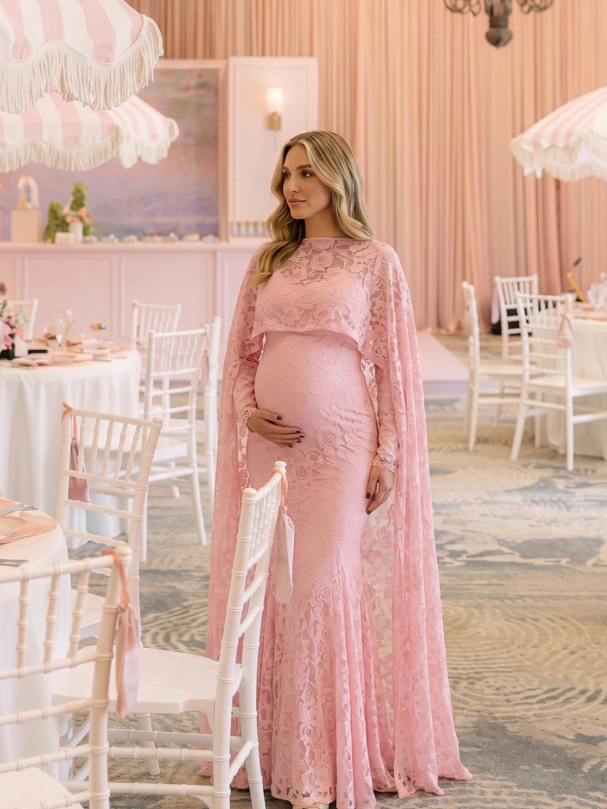 Baby Pink Floral Lace Maternity Maxi Dress with Cape