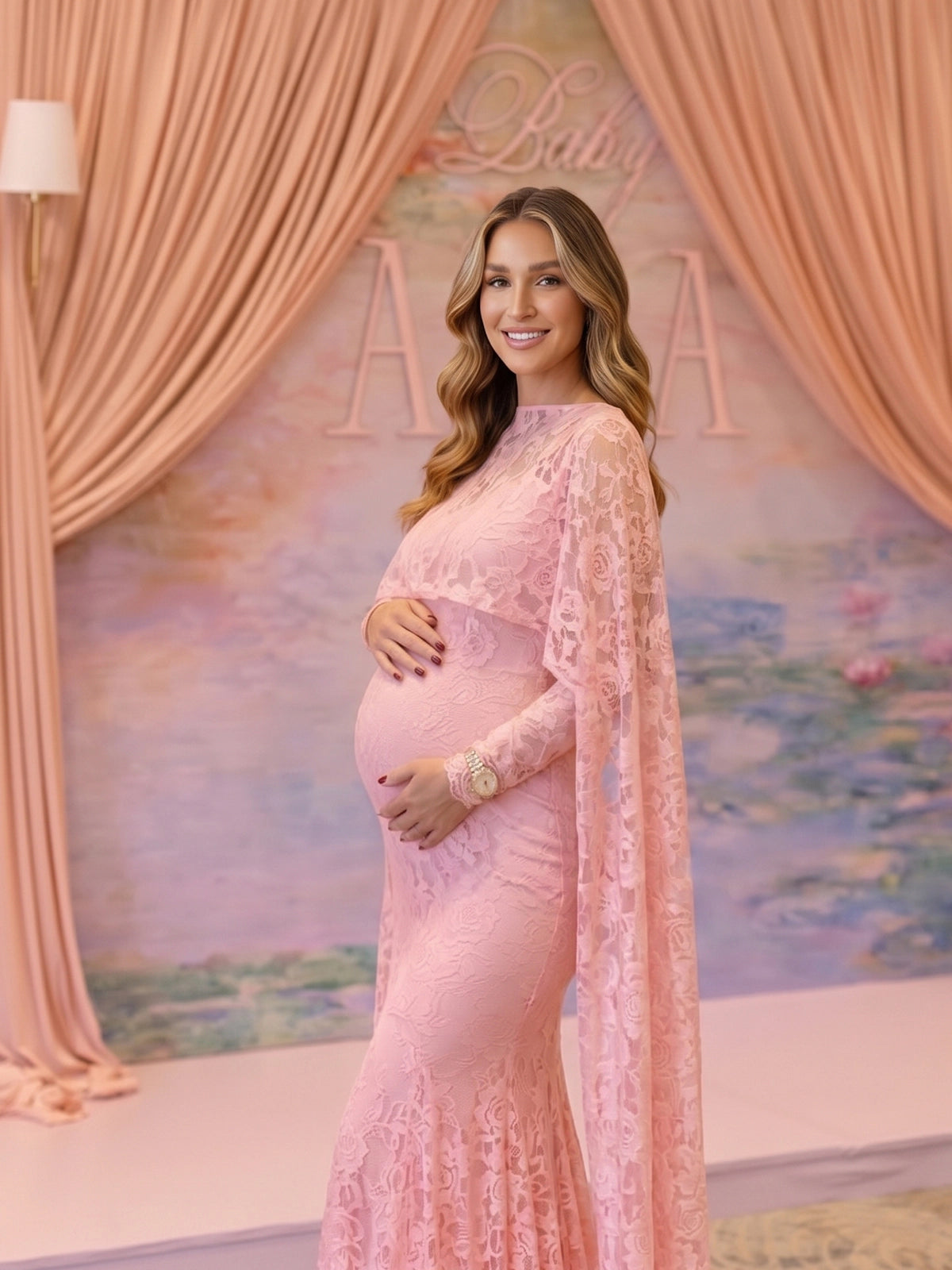 Baby Pink Floral Lace Maternity Maxi Dress with Cape