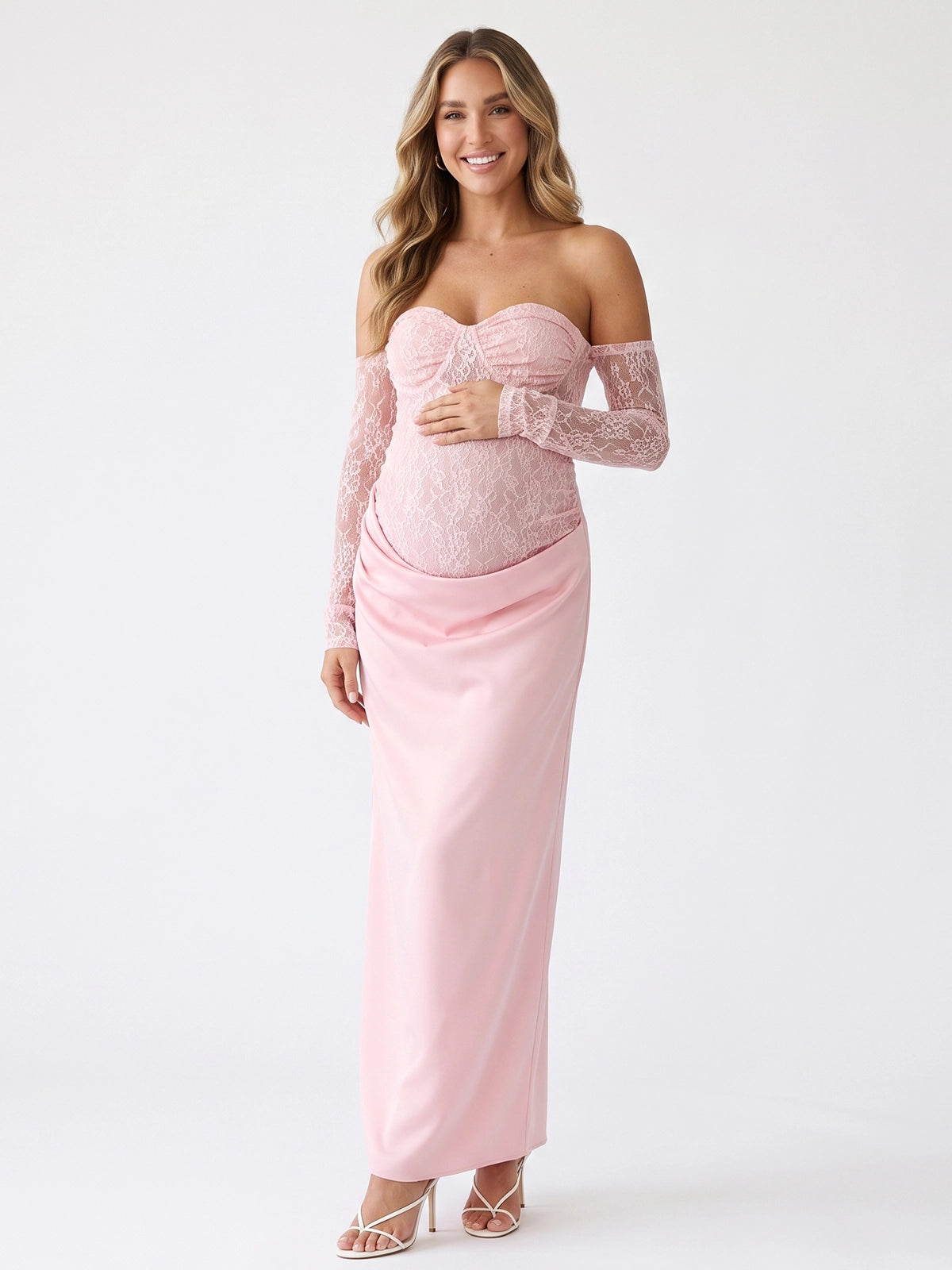 Baby Pink Lace Off Shoulder Sweetheart Long Sleeve Maternity Maxi Dress