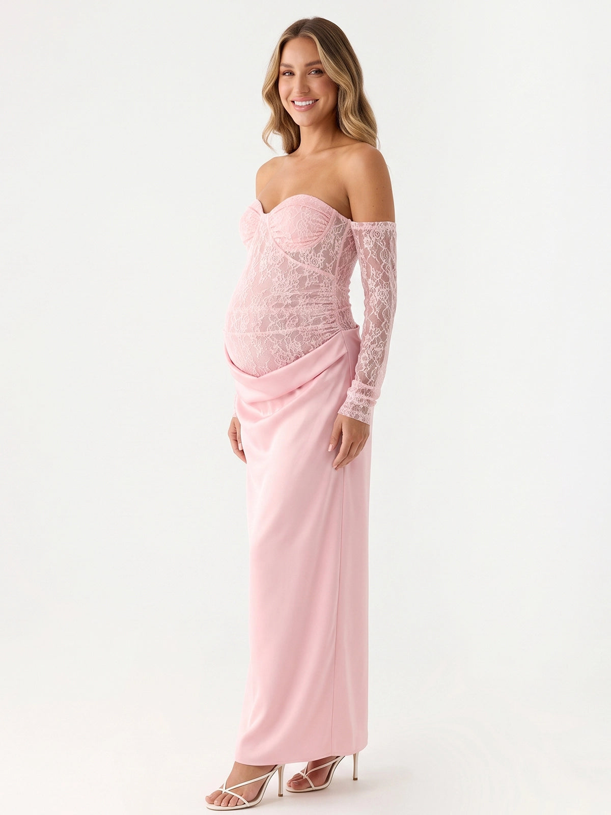 Baby Pink Lace Off Shoulder Sweetheart Long Sleeve Maternity Maxi Dress