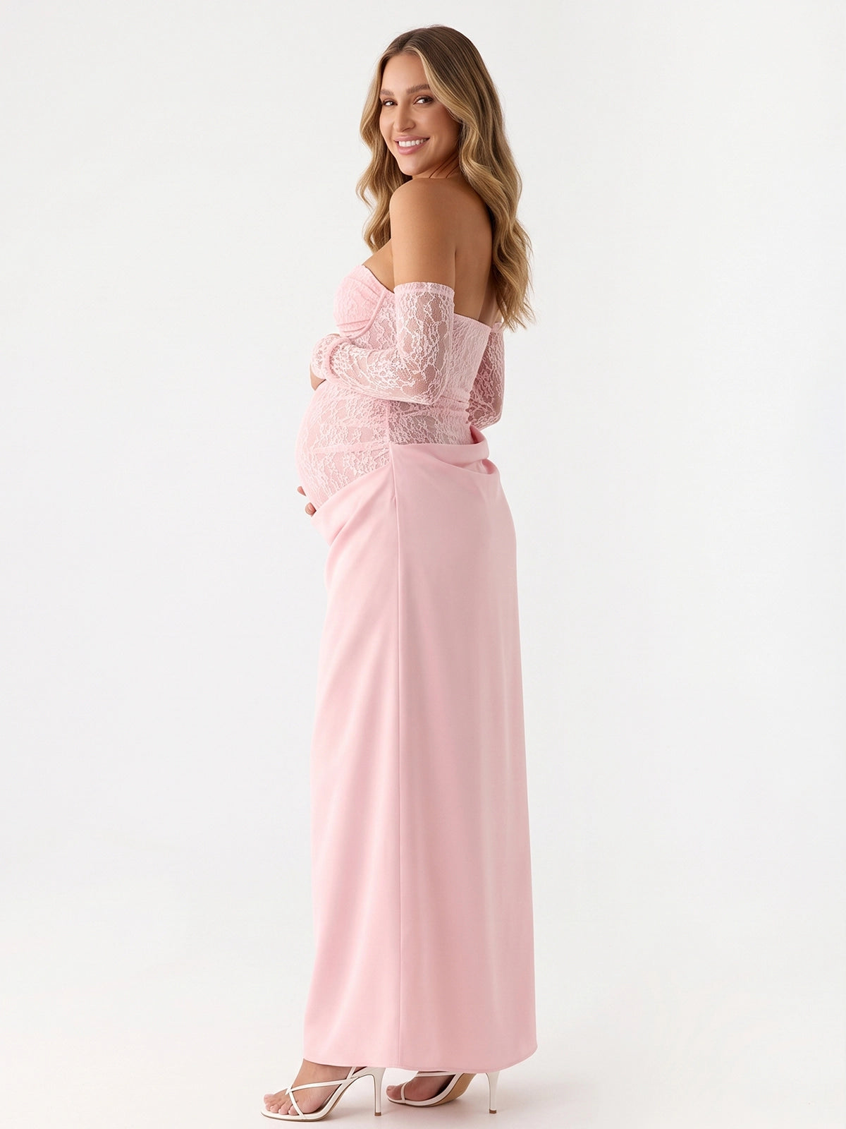 Baby Pink Lace Off Shoulder Sweetheart Long Sleeve Maternity Maxi Dress