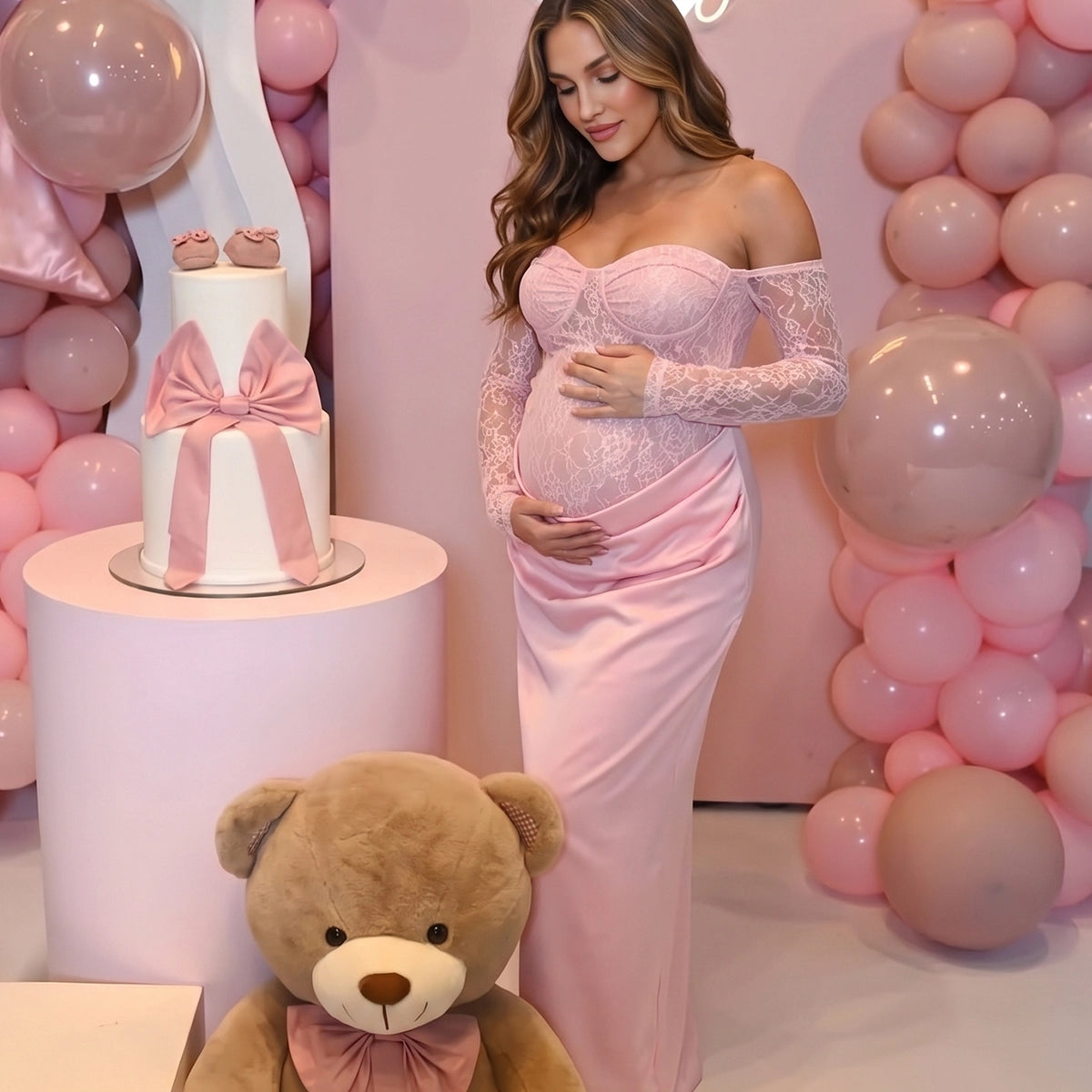 Baby Pink Lace Off Shoulder Sweetheart Long Sleeve Maternity Maxi Dress