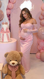 Baby Pink Lace Off Shoulder Sweetheart Long Sleeve Maternity Maxi Dress