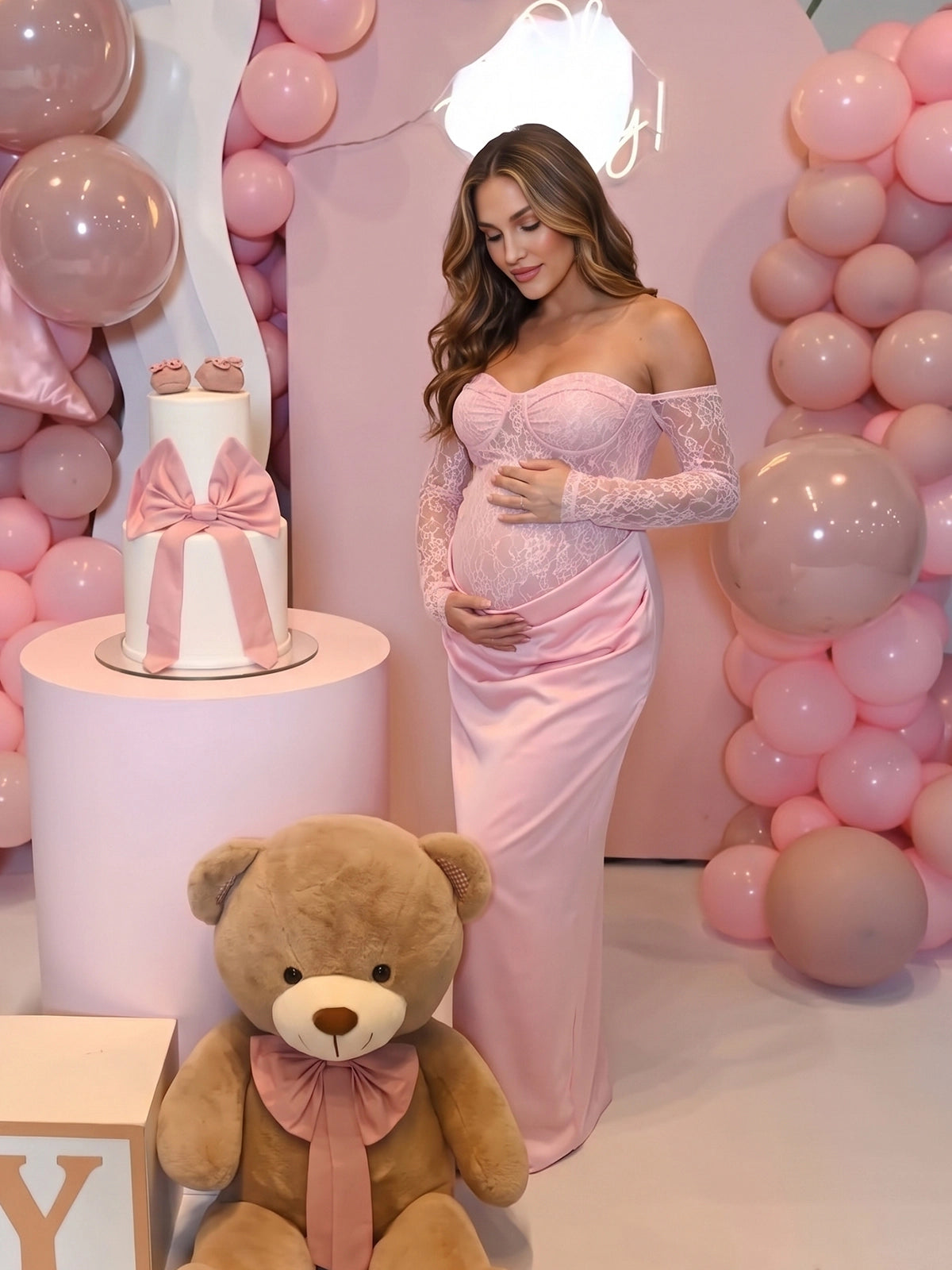 Baby Pink Lace Off Shoulder Sweetheart Long Sleeve Maternity Maxi Dress