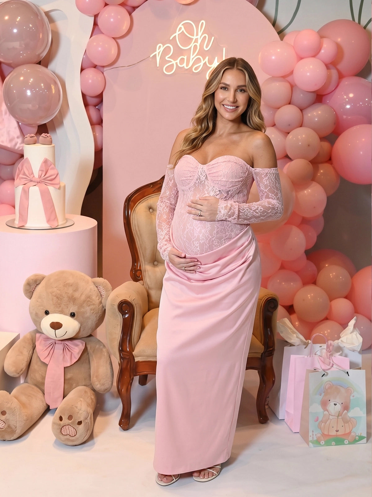 Baby Pink Lace Off Shoulder Sweetheart Long Sleeve Maternity Maxi Dress