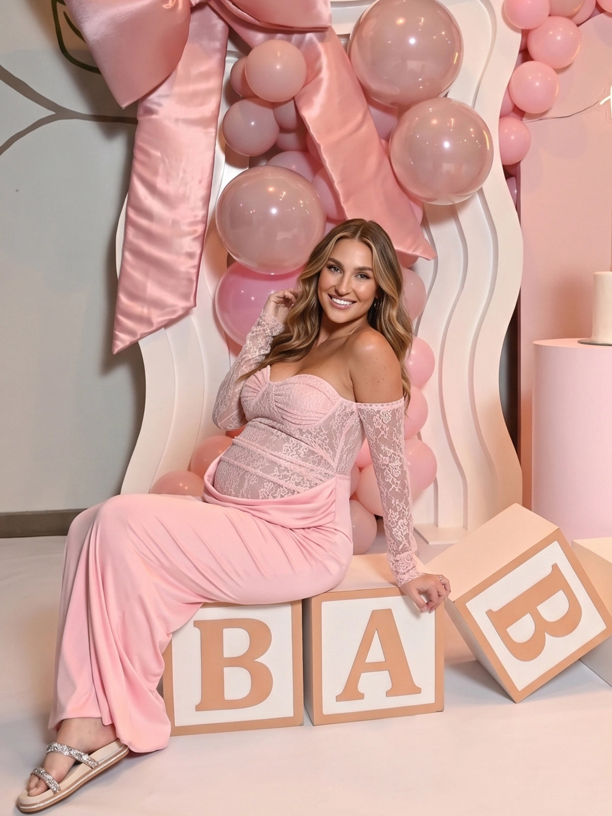 Baby Pink Lace Off Shoulder Sweetheart Long Sleeve Maternity Maxi Dress