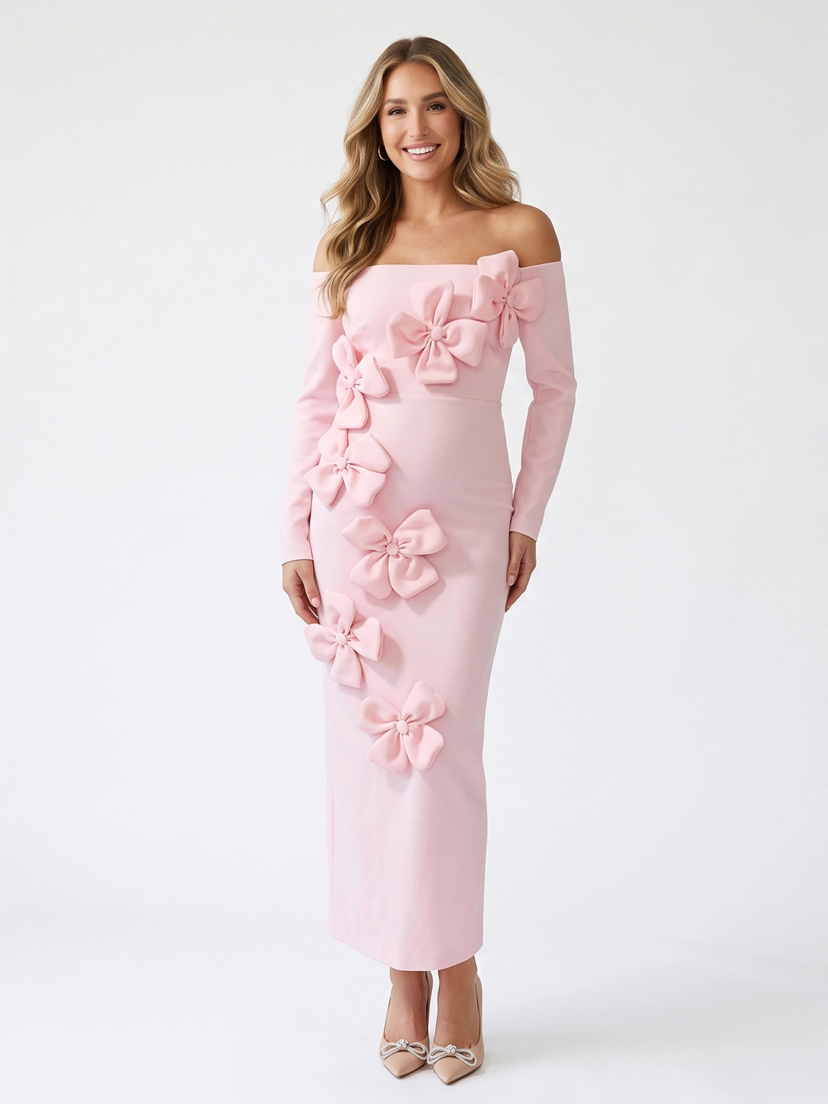 Baby Pink Off Shoulder Maternity Maxi Dress with 3D Flowers