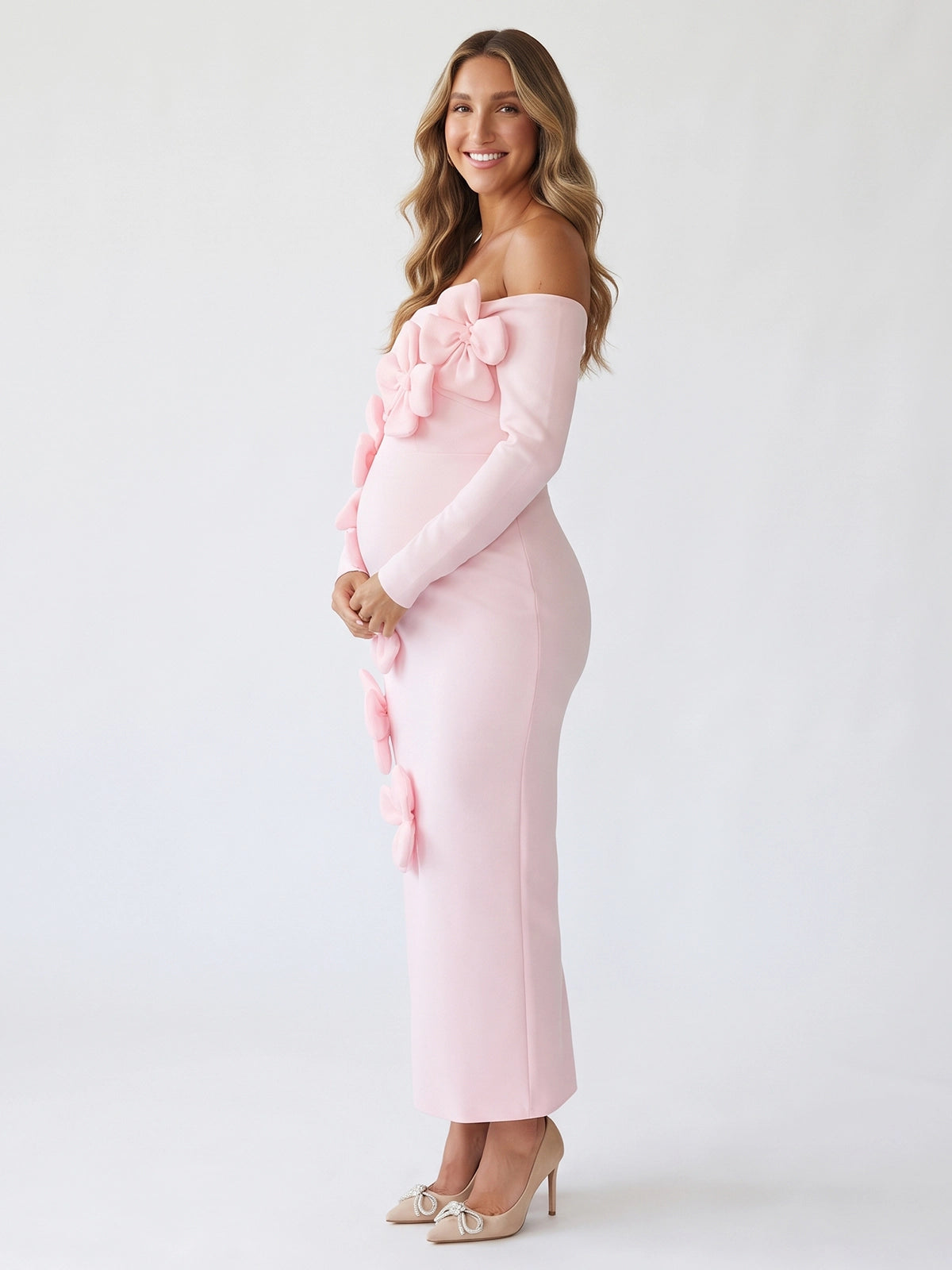 Baby Pink Off Shoulder Maternity Maxi Dress with 3D Flowers
