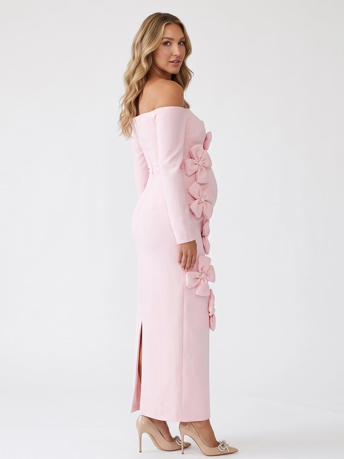 Baby Pink Off Shoulder Maternity Maxi Dress with 3D Flowers