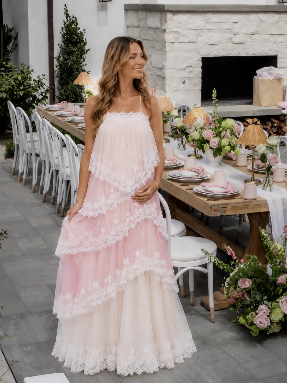 Blush Pink Lace Tiered Backless Maternity Maxi Dress
