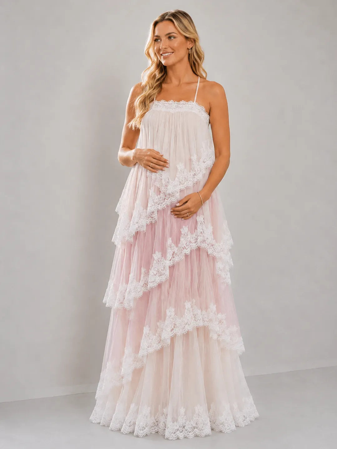 Blush Pink Lace Tiered Backless Maternity Maxi Dress