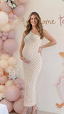 Beige One Shoulder Knit Maternity Maxi Dress
