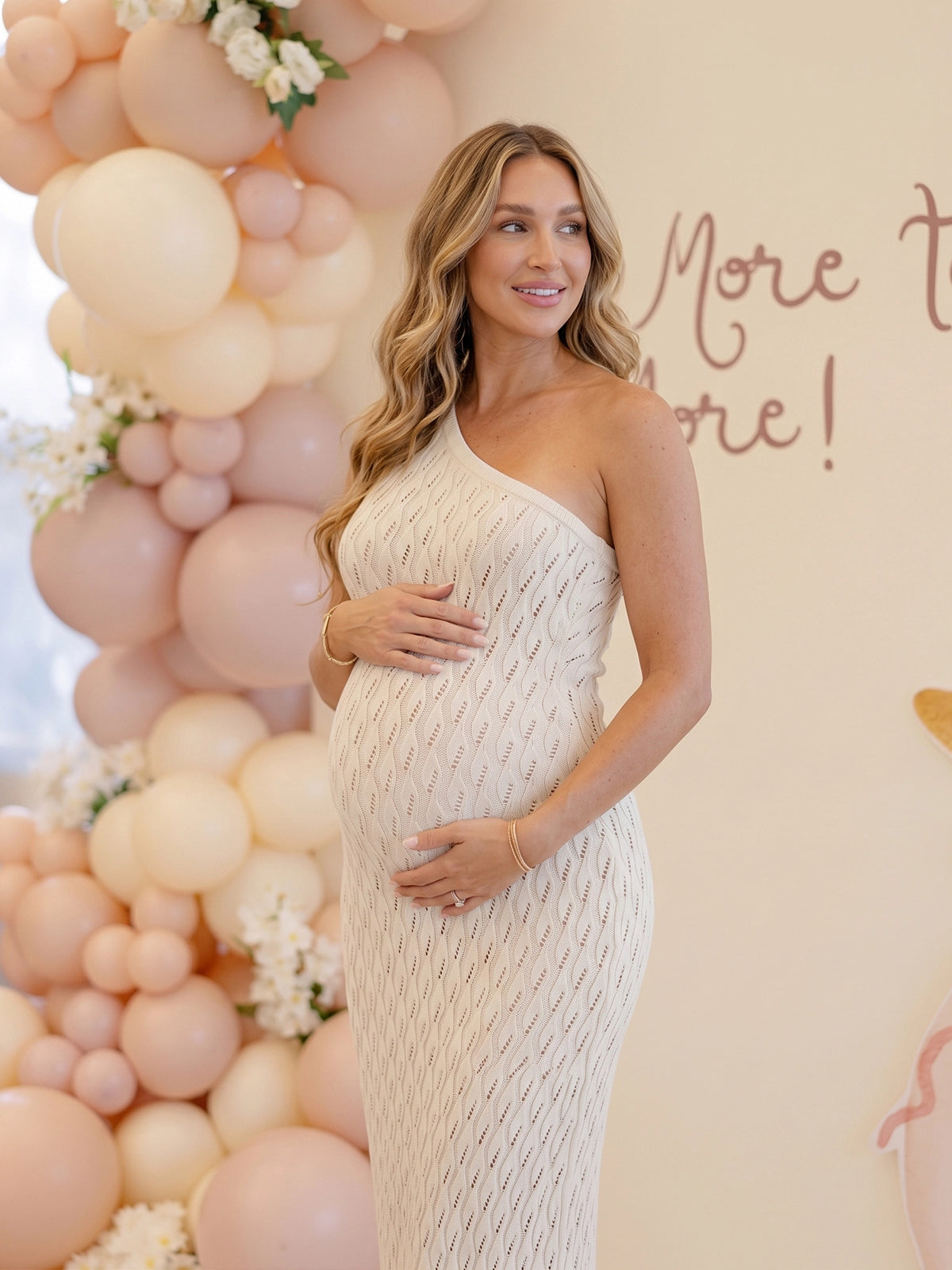 Beige One Shoulder Knit Maternity Maxi Dress