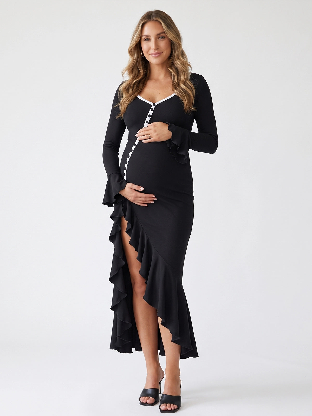 Black Button-Down Flared Long Sleeve Maternity Dress
