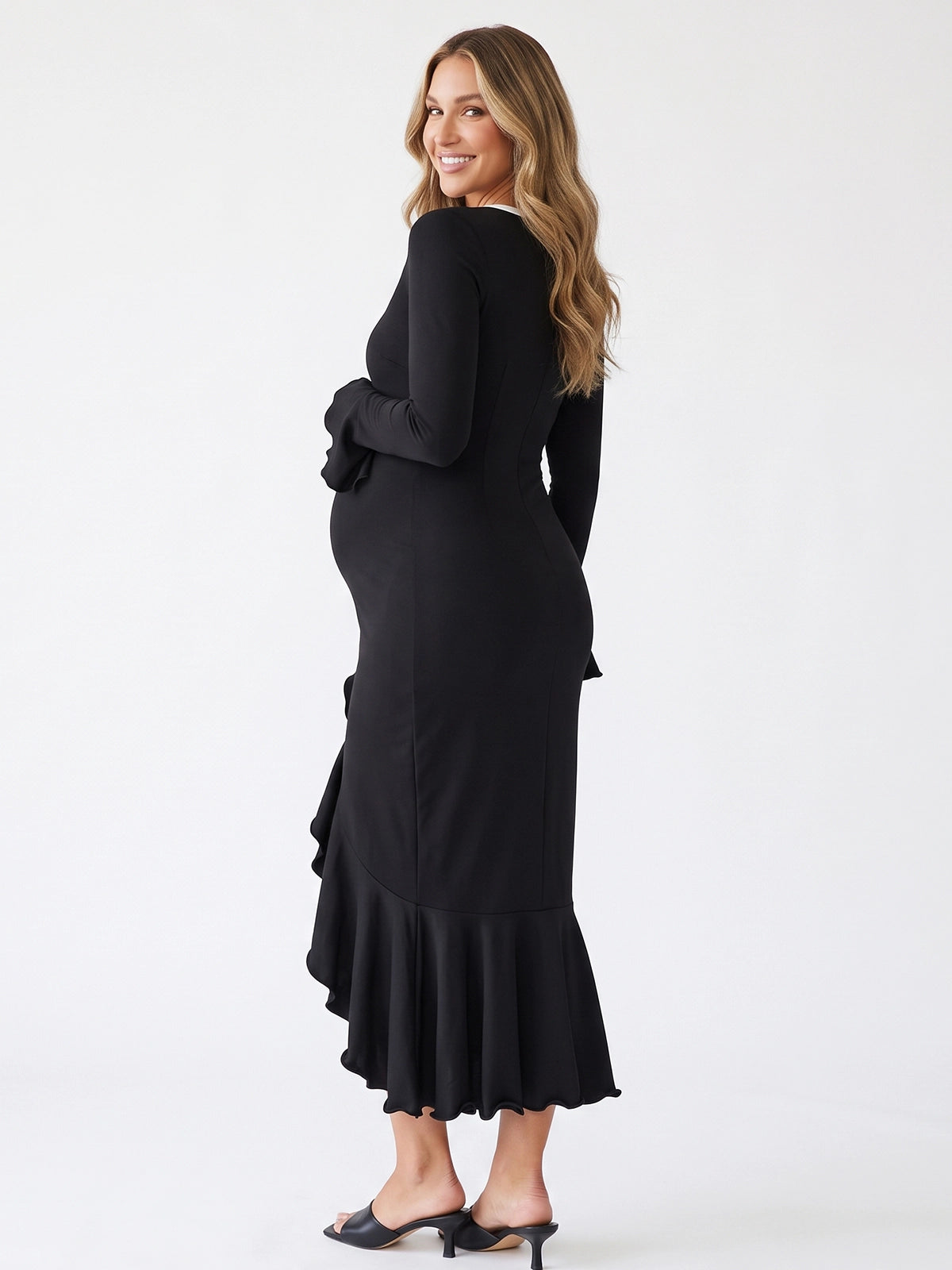 Black Button-Down Flared Long Sleeve Maternity Dress