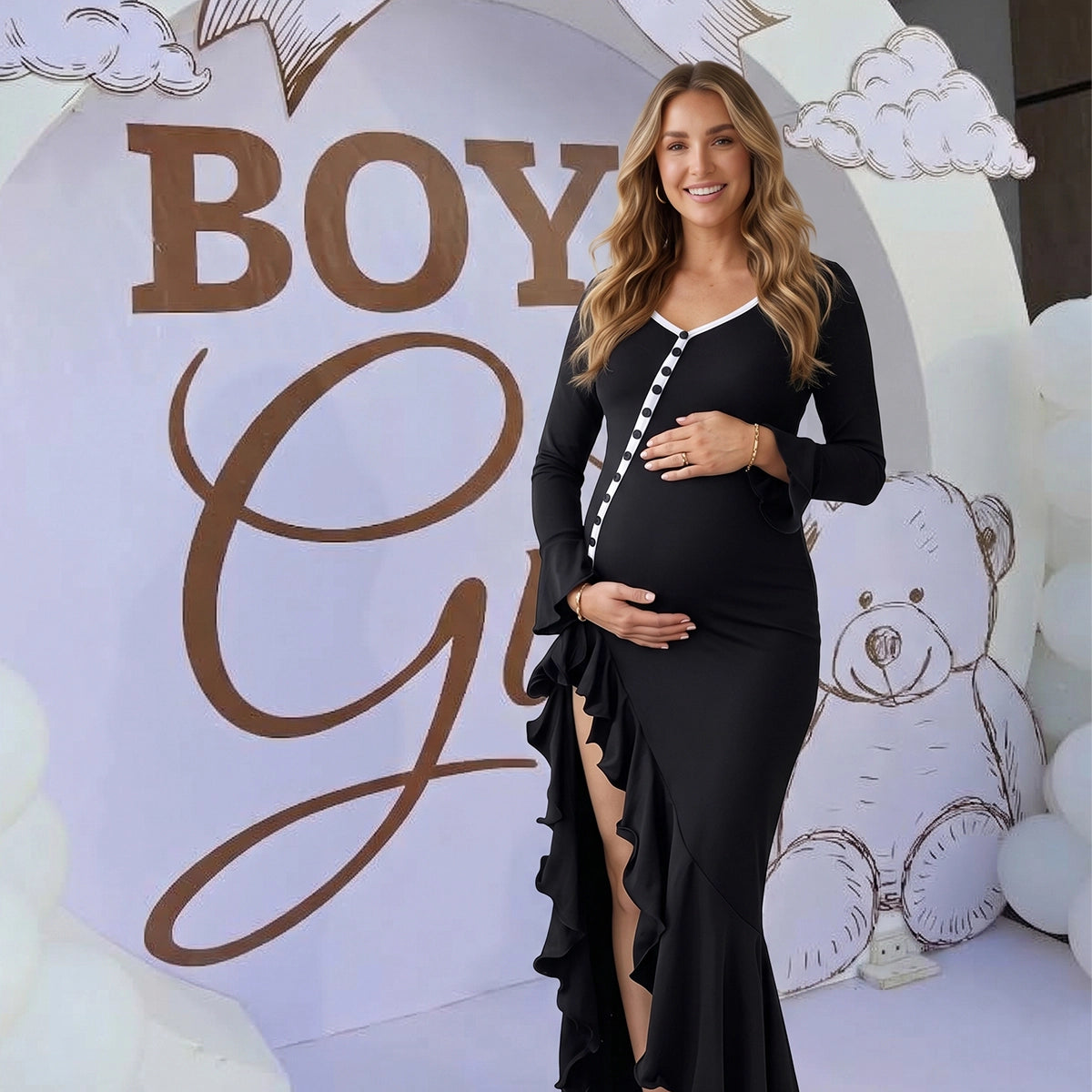 Black Button-Down Flared Long Sleeve Maternity Dress