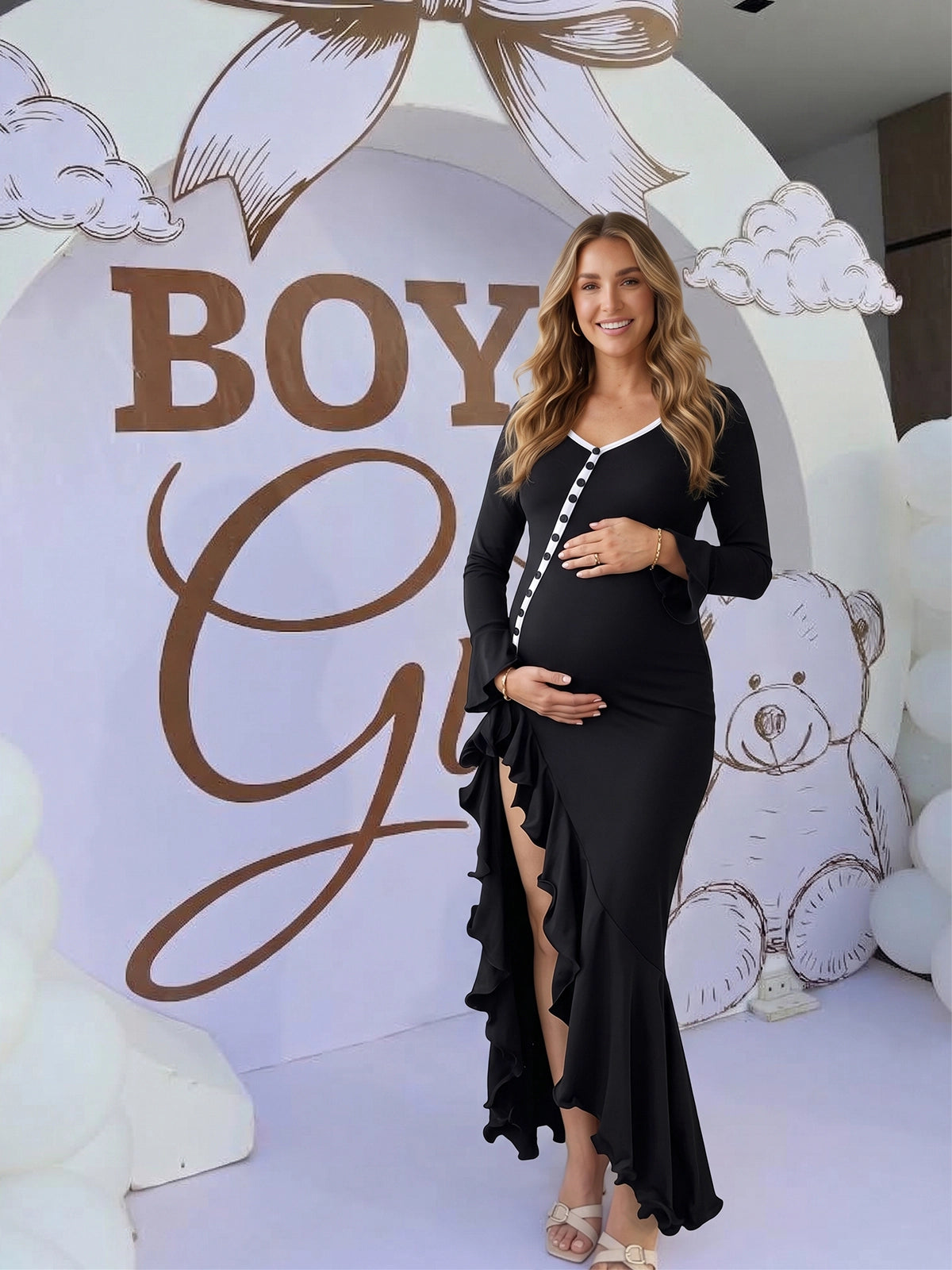 Black Button-Down Flared Long Sleeve Maternity Dress