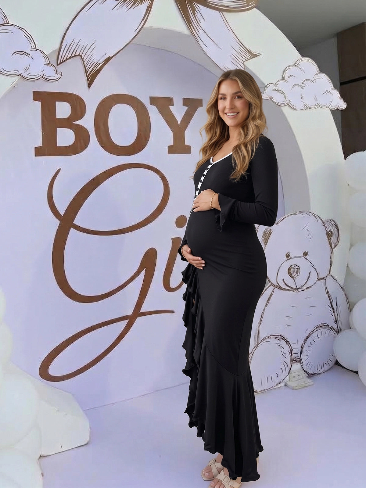 Black Button-Down Flared Long Sleeve Maternity Dress