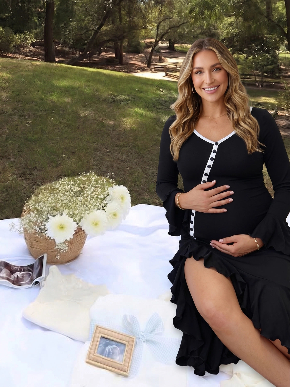 Black Button-Down Flared Long Sleeve Maternity Dress