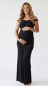Black Cross-Neck Maternity Maxi Dress – Knit Bodycon Ruched Gown with Gold Detail Elegant Dress