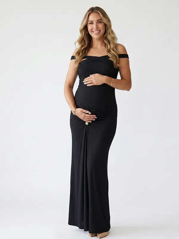Black Cross-Neck Maternity Maxi Dress – Knit Bodycon Ruched Gown with Gold Detail Elegant Dress