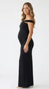 Black Cross-Neck Maternity Maxi Dress – Knit Bodycon Ruched Gown with Gold Detail Elegant Dress