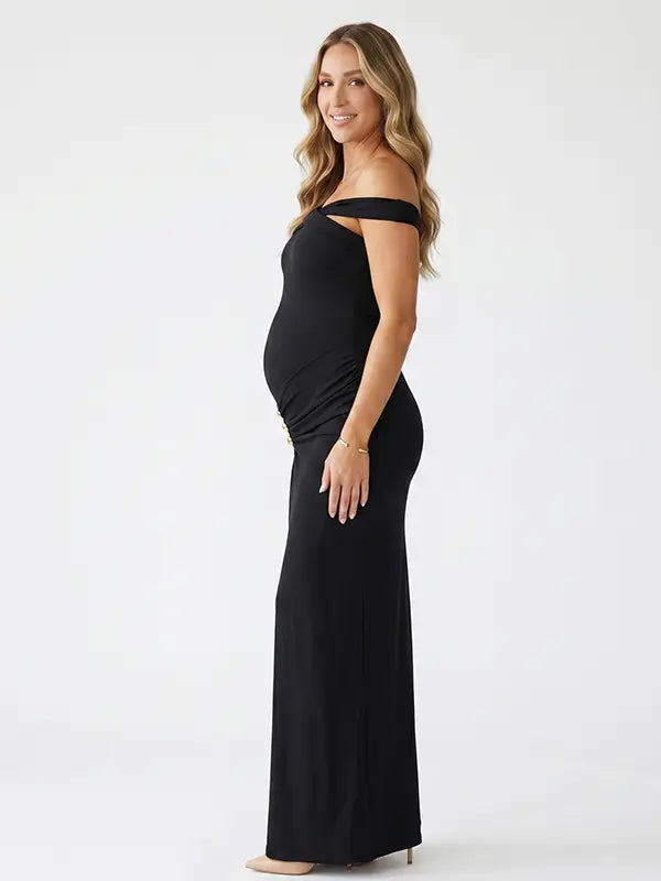 Black Cross-Neck Maternity Maxi Dress – Knit Bodycon Ruched Gown with Gold Detail Elegant Dress