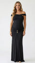 Black Cross-Neck Maternity Maxi Dress – Knit Bodycon Ruched Gown with Gold Detail Elegant Dress