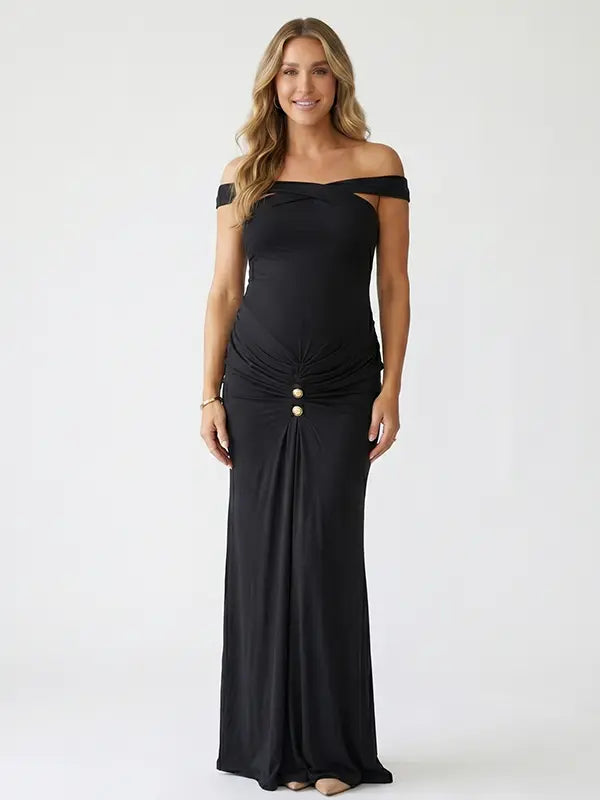 Black Cross-Neck Maternity Maxi Dress – Knit Bodycon Ruched Gown with Gold Detail Elegant Dress