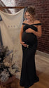 Black Cross-Neck Maternity Maxi Dress – Knit Bodycon Ruched Gown with Gold Detail Elegant Dress