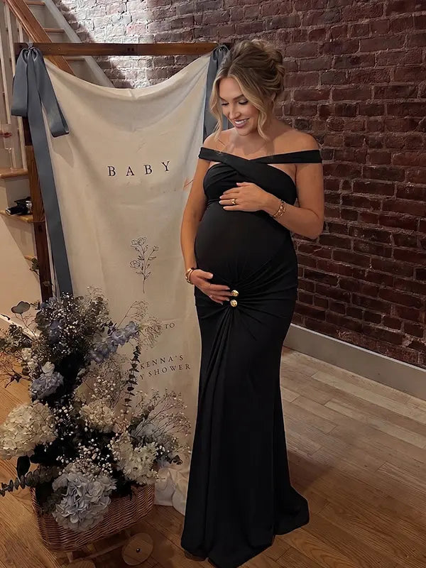 Black Cross-Neck Maternity Maxi Dress – Knit Bodycon Ruched Gown with Gold Detail Elegant Dress