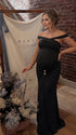 Black Cross-Neck Maternity Maxi Dress – Knit Bodycon Ruched Gown with Gold Detail Elegant Dress