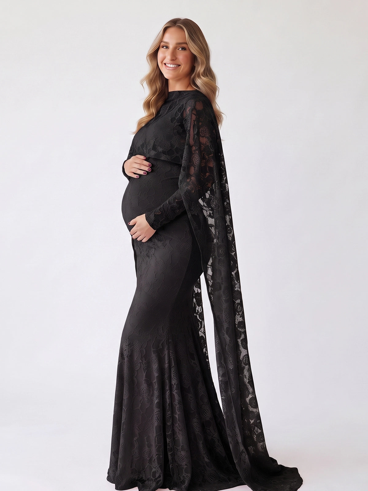 Black Floral Lace Maternity Maxi Dress with Cape