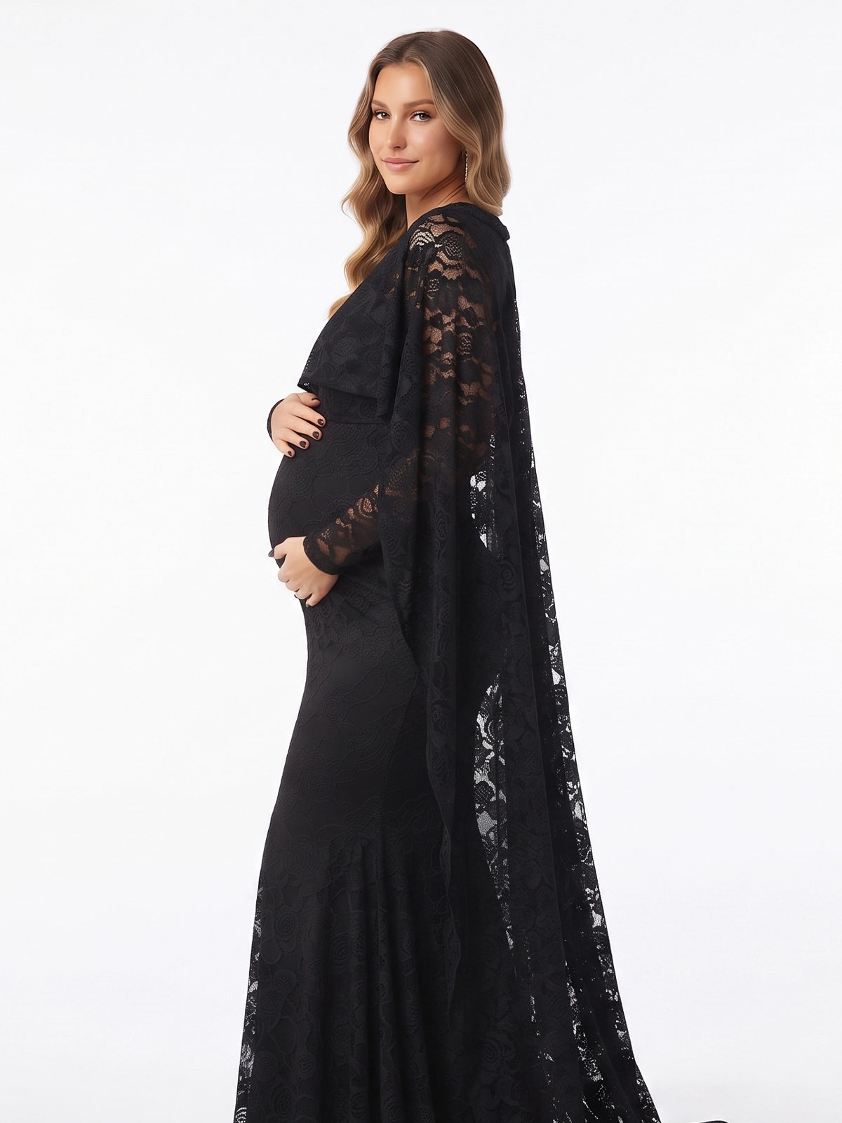 Black Floral Lace Maternity Maxi Dress with Cape