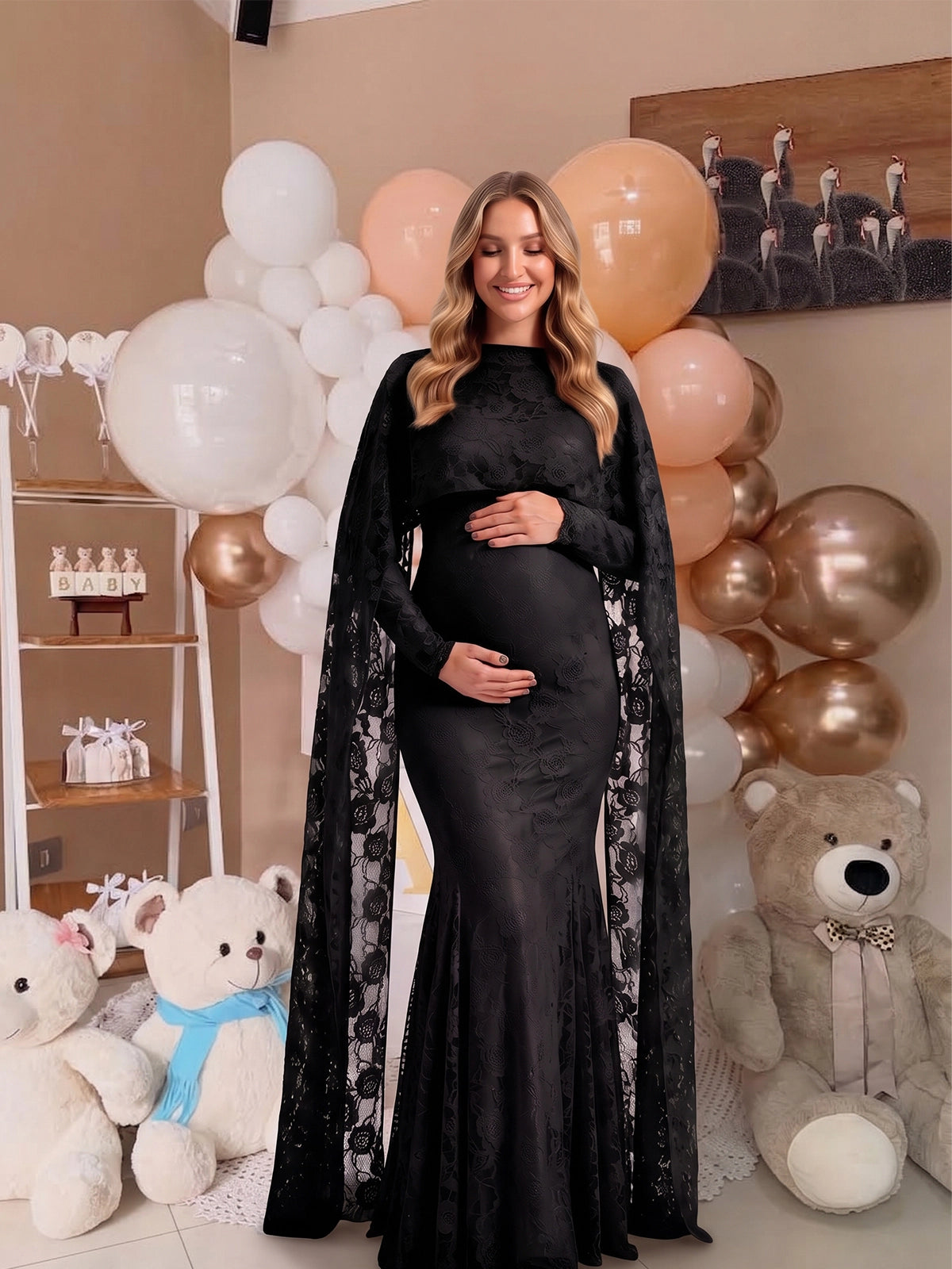 Black Floral Lace Maternity Maxi Dress with Cape
