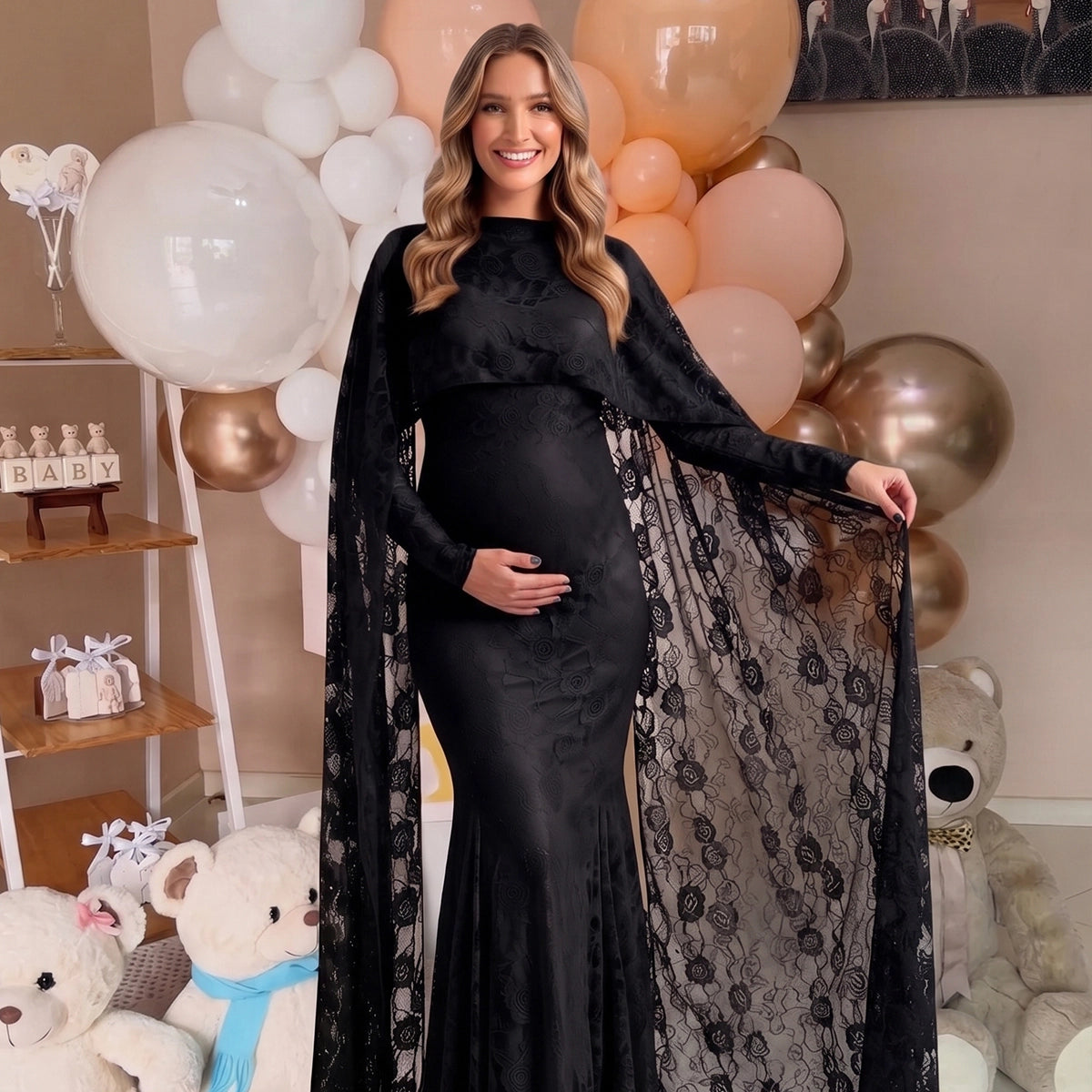 Black Floral Lace Maternity Maxi Dress with Cape